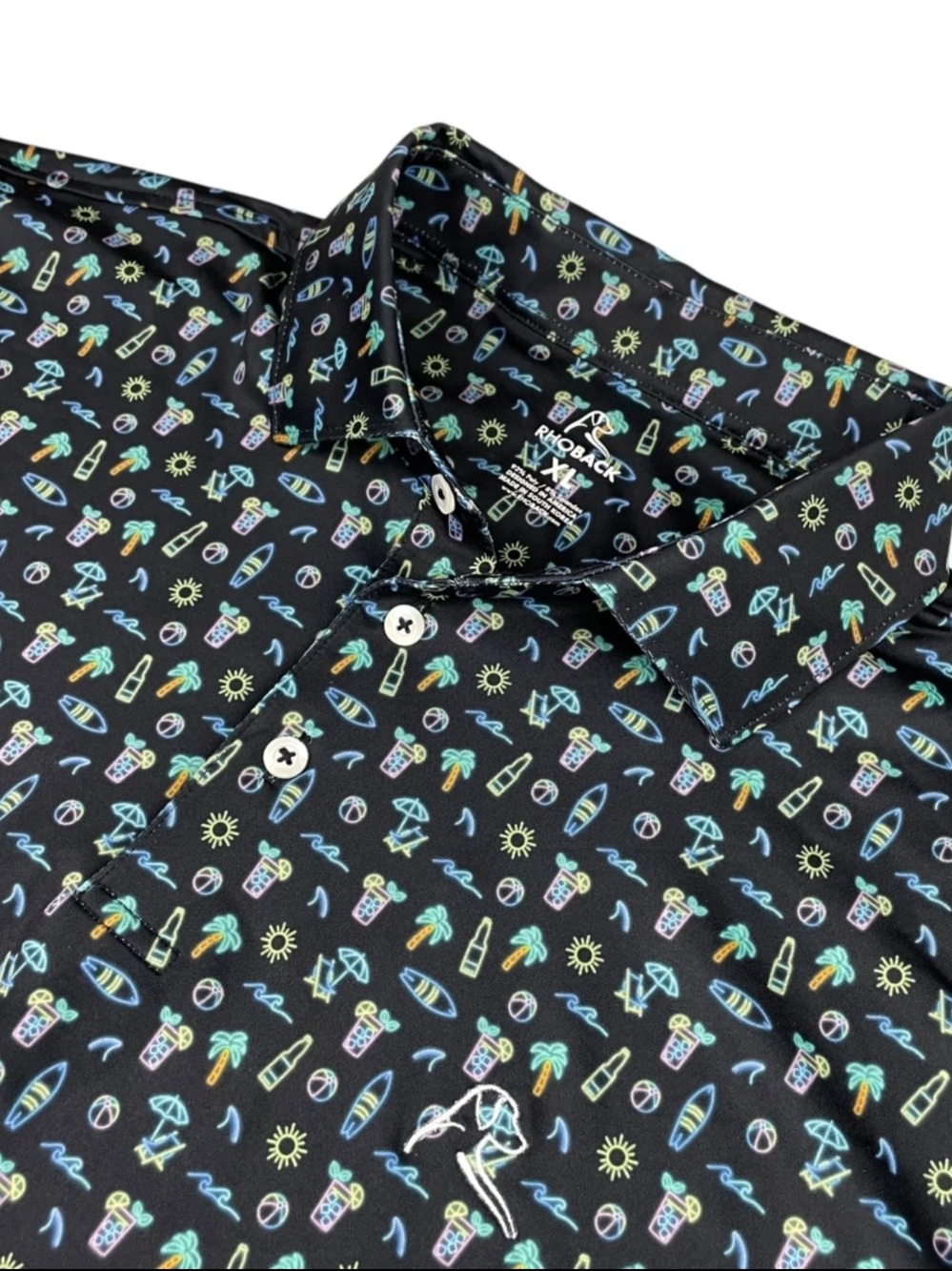 Rhoback Men's XL The Beach Bar Performance S/S Golf Polo Shirt Black Multicolor